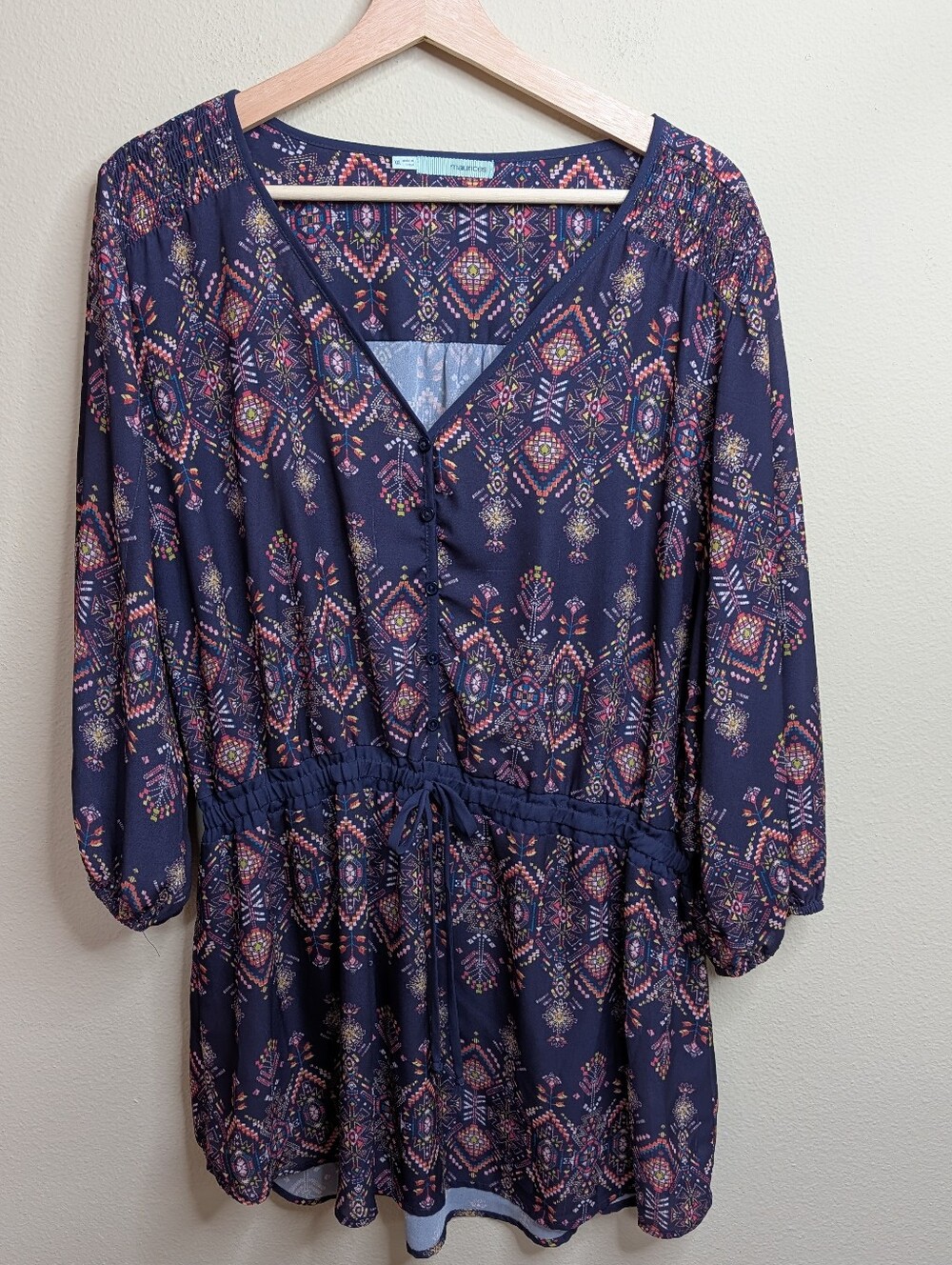 Maurices XXL Semi-Sheer Boho Medallion Print Tunic Top Navy Multicolor